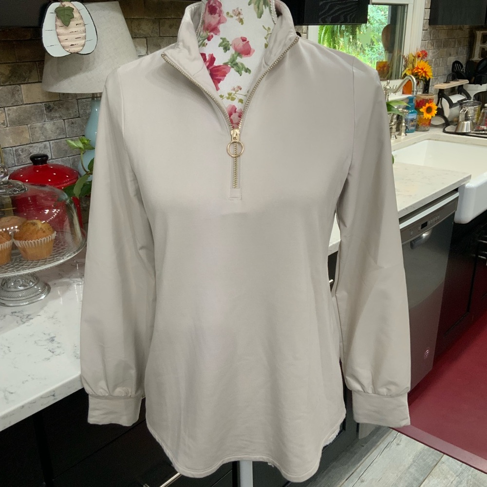 Chico’s Women’s Small 1/4 Zip Knit Pullover Faux Leather Sleeves Taupe Soft Cozy